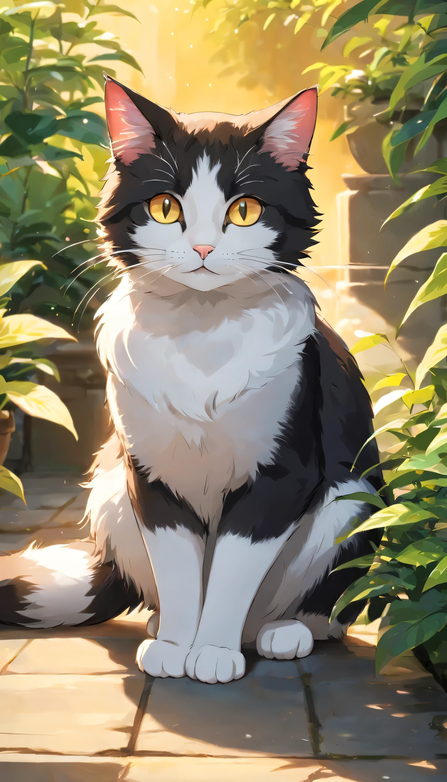 "Generate super high resolution images of chic cats, Classic Cat Pose. Use of advanced macro photography techniques、Highlights the intricate details of a cat&#39;s fur, moustache, Expressive eyes.

Place the camera at the cat&#39;s eye level, Create an intimate connection between the viewer and the cat subject. Implement a wide aperture to achieve a shallow depth of field, Make the cat stand out clearly against a gently blurred background.

Improve lighting to emphasize the texture and contours of the cat's body, Use of Software, Remove coarse shadows、, Cozy atmosphere.

Catching a cat in a relaxed position, But there&#39;s a balance, Show your flexibility and elegance. Capture the moment of natural movement, Strwaithing, Grooming, wait., Convey authenticity.

Implement post-processing techniques to improve image clarity, Contrast, Color balance, Protection on all sides, From cats&#39; complex patterns to their piercing gaze, Rendered in stunning detail.

finally, Communicating the gentle beauty and natural grace of cats,, Capture fleeting moments that celebrate the unique essence of cat curiosity and balance." ((background: garden)), ((Golden Hour Light)), ((Majestic)),((kitten)), ((Tuxedo Cat)), ((Black and white cat))