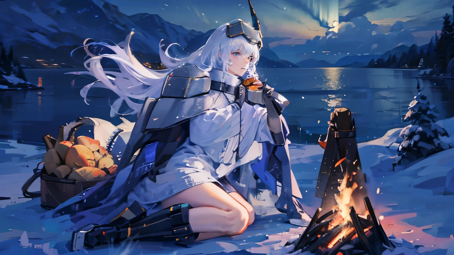 top quality , best quality , detailed face ,detailed hand , detailed legs , detailed human body, not flashy , cute ,yellow eyes, white hair, long hair, headgear, mechanical boots, cloak, bare legs, single pauldron,furry,wolf,white,eating baked potatoes, sitting, camping, bonfire, night, blue atmosphere, illuminated by fire, rifle on floor , 1person , solo, Configuration seen from above,Wallpapers,Sea of ​​stars, winter,Aurora, shooting star,diagonal composition,