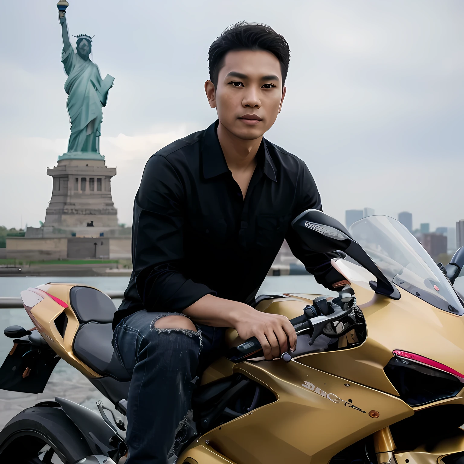 portrait of an Indonesian man with a smooth face, Korean style hair, sitting on a pink Ducati sports motorbike. wearing a black shirt and ripped jeans. clear facial details facing the camera. urban background of the statue of liberty..
