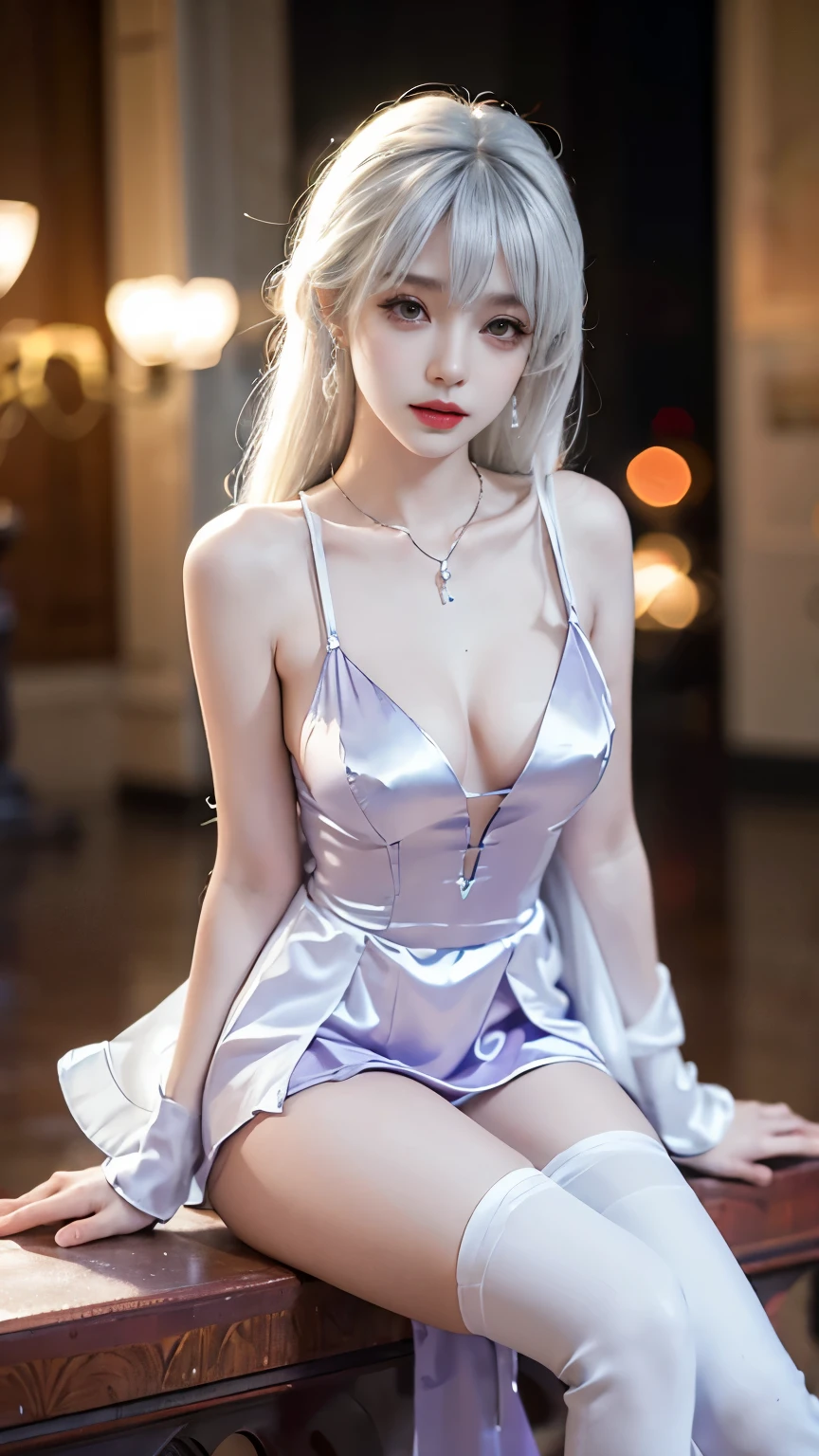 1gir,emilia,emiria,silver hair,dress,thighhighs, ((whole body)), ((From below)), yushuxin,1 girl,Solitary, ((stand up, Leaning on the ledge)), ((Lean over)), ((The characteristics are very clear, Clear face, Clear face)), Red lips, cosmetic, close up, elegant姿势, Seductive pose, Perfect Curve, Slim, Sexy, Large Breasts, Split, fair legs, Seductive gaze, Biting your lips, Messy long hair, Simple and casual scene, Very detailed, Ultra-clear, best quality, official art, Beautiful earrings, Beautiful necklace, Very detailed description, Super fair painting, Advanced features, elegant, fair, Super fine details, masterpiece, Real texture, Realistic cinematic lighting, masterpiece, best quality