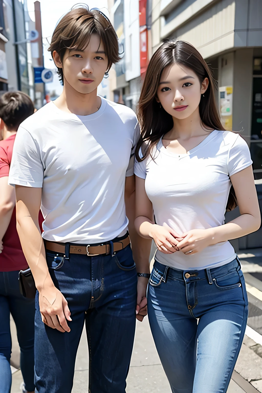 ((White short sleevesTJapanese man wearing a shirt and jeans:1.7))、A 16-year-old high school girl wearing a denim miniskirt that accentuates her thighs, Man and woman shaking hands:1.7, A man and a woman stand facing each other on the street:1.7, Woman with long black hair, Medium chest, Perfect Eyes, The distance between them、White short sleevesTWoman in a shirt:1.7、