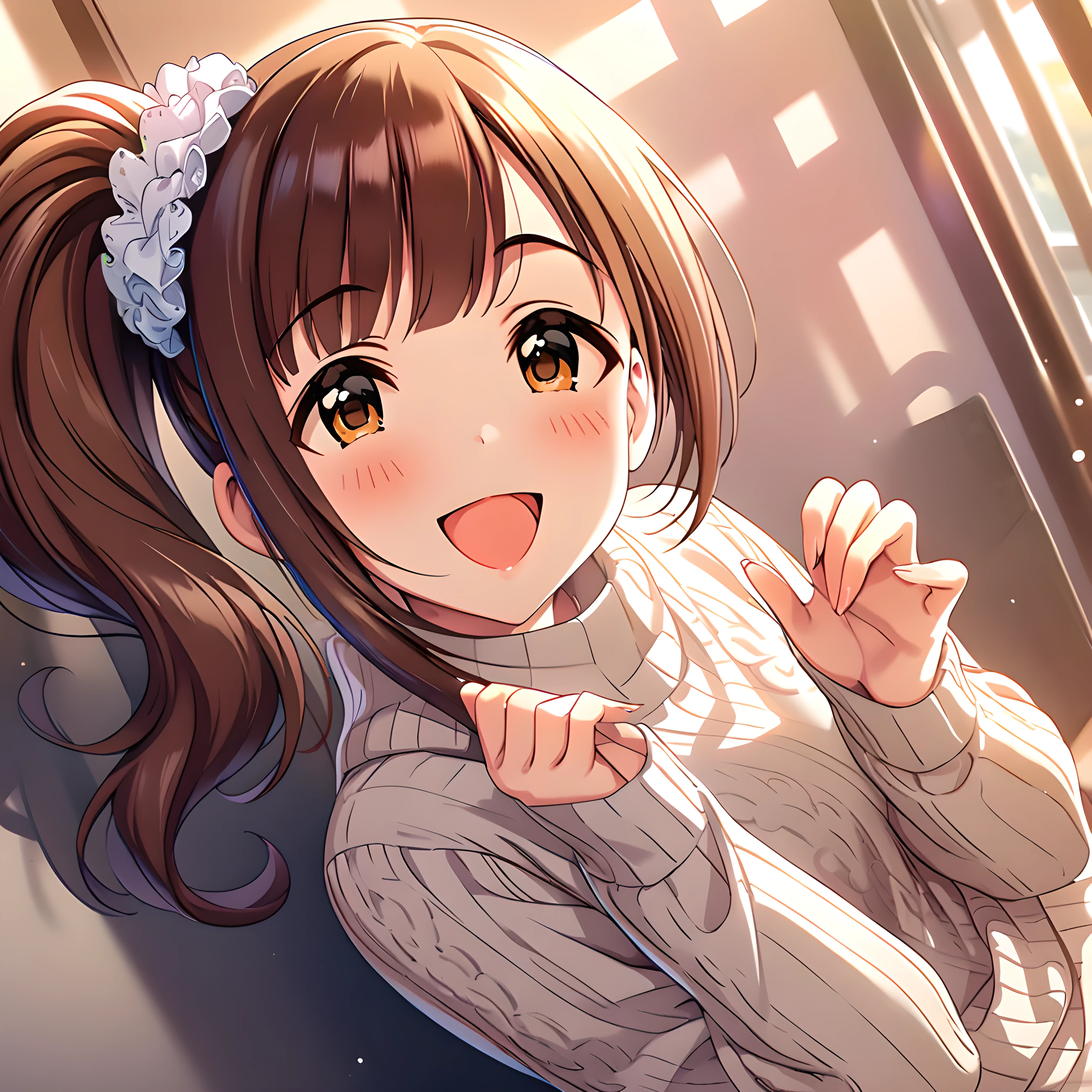 (masterpiece),(best quality),(ultra-detailed),(best illustration),(best shadow),(absurdres),(detailed background),(very aesthetic),kyoko igarashi, 1girl, brown hair, smile, open mouth, side ponytail, solo, blush, scrunchie, bangs, :d