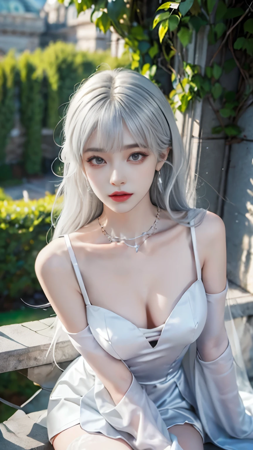 1gir,emilia,emiria,silver hair,dress,thighhighs, ((whole body)), ((From below)), yushuxin,1 girl,Solitary, ((stand up, Leaning on the ledge)), ((Lean over)), ((The characteristics are very clear, Clear face, Clear face)), Red lips, cosmetic, close up, elegant姿势, Seductive pose, Perfect Curve, Slim, Sexy, Large Breasts, Split, fair legs, Seductive gaze, Biting your lips, Messy long hair, Simple and casual scene, Very detailed, Ultra-clear, best quality, official art, Beautiful earrings, Beautiful necklace, Very detailed description, Super fair painting, Advanced features, elegant, fair, Super fine details, masterpiece, Real texture, Realistic cinematic lighting, masterpiece, best quality