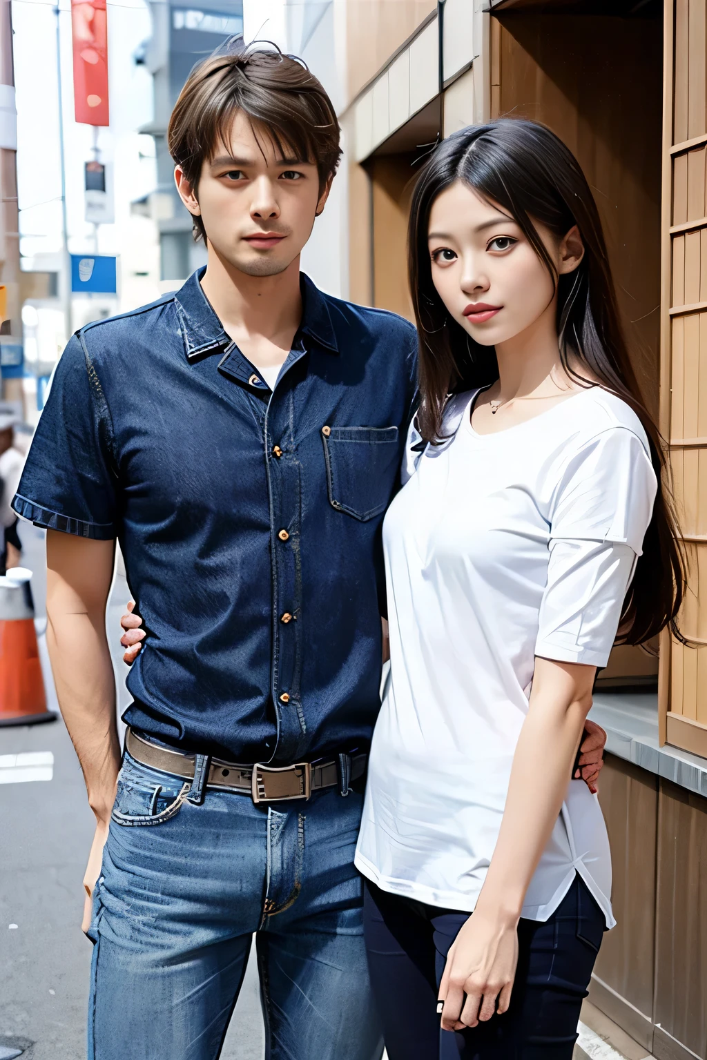 ((White short sleevesTJapanese man wearing a shirt and jeans:1.7))、A 16-year-old high school girl wearing a denim miniskirt that accentuates her thighs, Man and woman shaking hands:1.7, A man and a woman stand facing each other on the street:1.7, Woman with long black hair, Medium chest, Perfect Eyes, The distance between them、White short sleevesTWoman in a shirt:1.7、