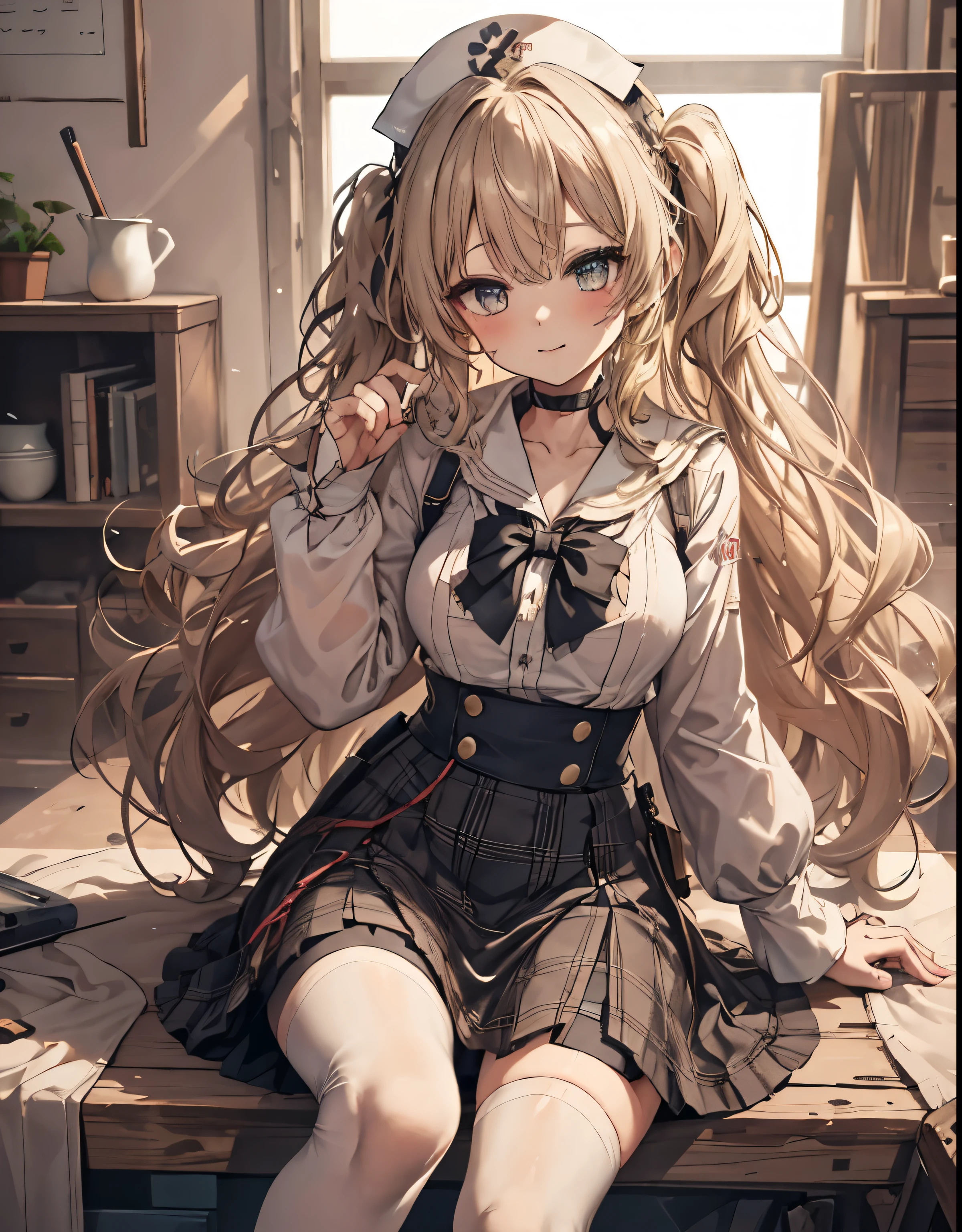 masterpiece, 1girl, sparrow, a blonde haired girl, wearing a sailor clothes, curly long hair, messy hair, slim body, he close her left eye, shirt ornament, ruby eyes, ahoge, , bige breast, beautiful breasts, rounded breasts, long sleeves, beautiful eyes, white stocking, droopy eyes, skirt, black skirt, plaid skirt, her age is 19 years old, ricefield, bowtie, sailor collar, flared skirt, tight shirt, skirt, nagisa_bluearchive, lovely face, medium hair, lovely smile, curly hair, nurse cap, sit 