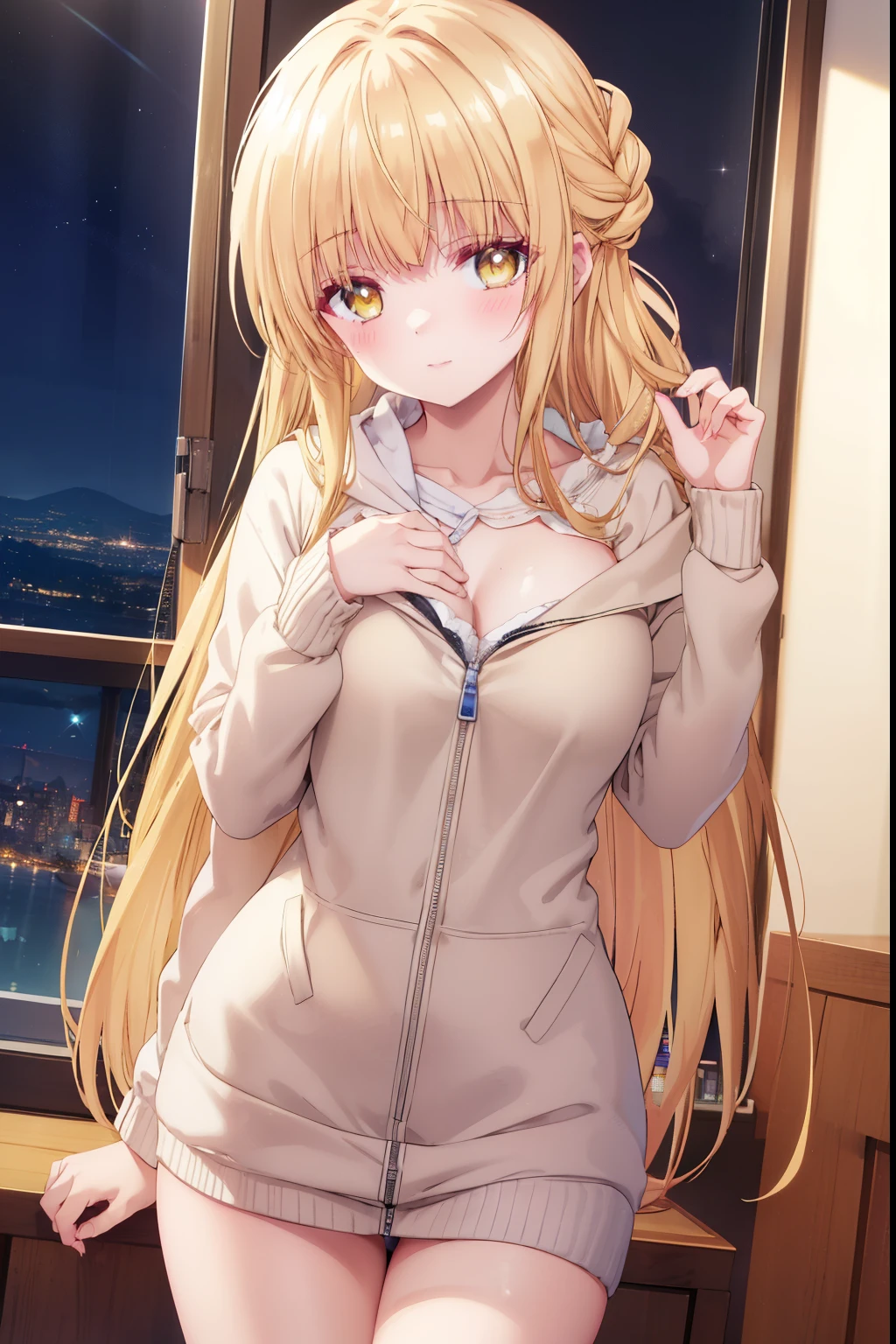 Mahiru shiina, , blonde, (Yellow Eyes:1.3)、Braided long hair,,blush,smile,night、Beautiful views, Attractive thighs、Beautiful bare legs, Naked with a sexy hoodie、Seduce by showing off your breasts、The chest is open、Full chest、I can see your chest、Her zipper is down and open, exposing her breasts、I can see your Pantastar piece.:1.2), highest quality, High resolution, unity 8k wallpaper, (shape:0.8), (Beautiful and beautiful eyes:1.6), Highly detailed face, Perfect lighting, Highly detailed CG, (Perfect hands, Perfect Anatomy),