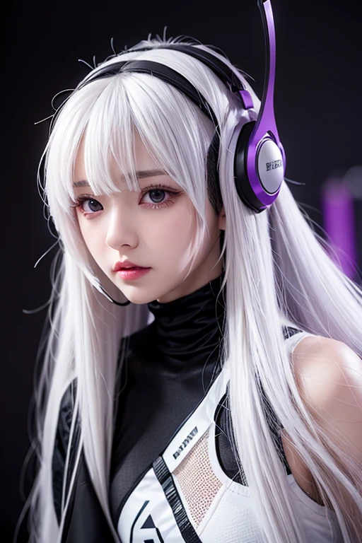 White hair with purple mesh, black eye, anime, front, headset, game, long hair, The bangs are parted in the center