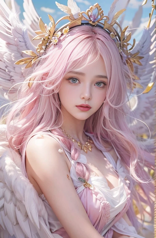 Ancient Greek clothing、Shoulder out、thin, Light pink hair, Pink Eyes, Pink and white, Vibrant colors, Paint Splash, Wavy long hair,angel, Many feathers fluttering、2 Large wings from the latissimus dorsi、Above the Clouds ,highest quality, masterpiece, Ultra-high resolution, (Realistic:1.4), RAW Photos, One girl, Off the shoulder, Modest breast,
