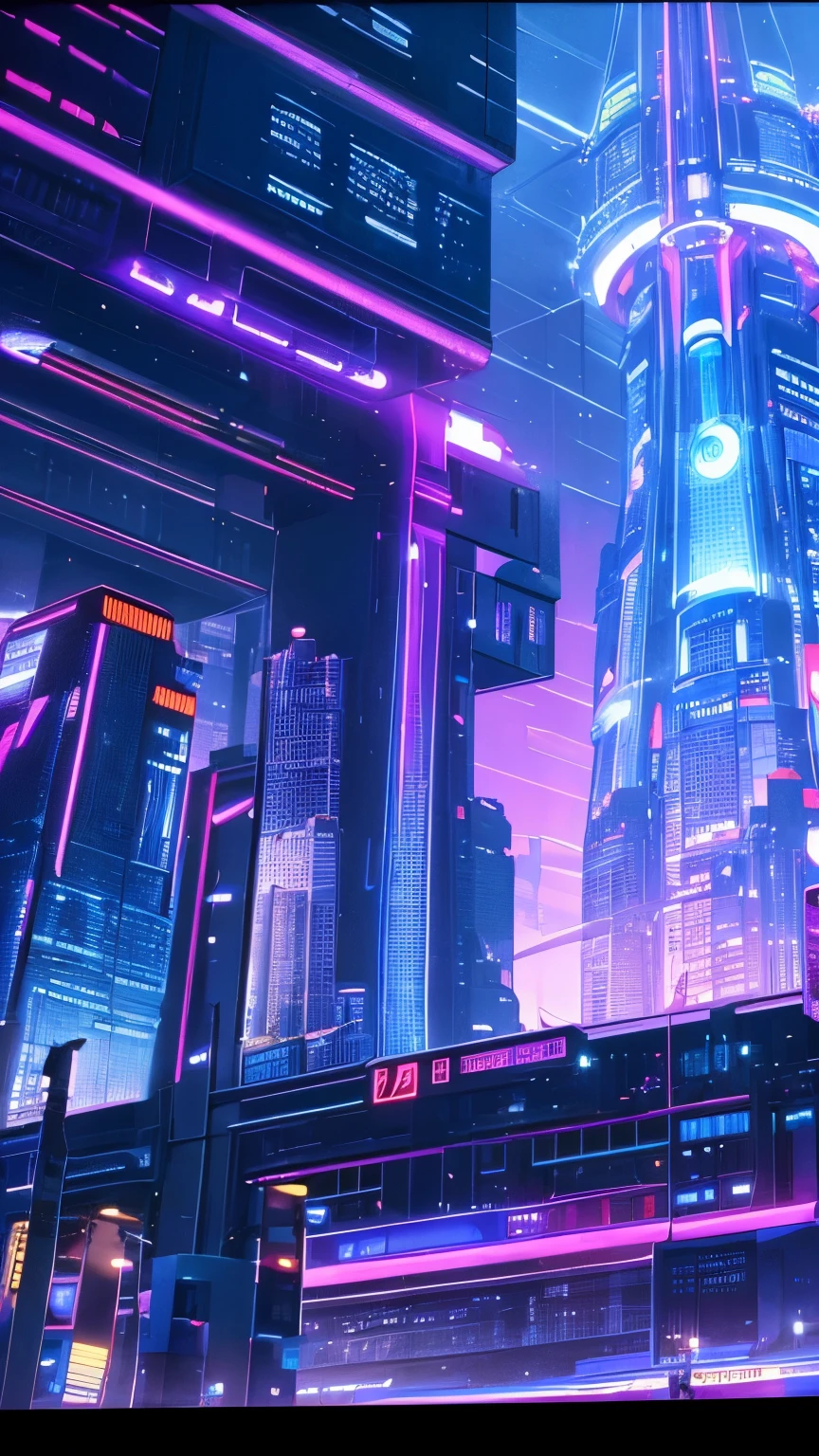 A futuristic cityscape of towering skyscrapers enveloped in twinkling lights. A blend of advanced technology and modern architecture, the city bustles with hover cars and vibrant digital billboards, a densely populated, technologically advanced metropolis, and a futuristic atmosphere with a rich palette of blues, purples, and neon lights
