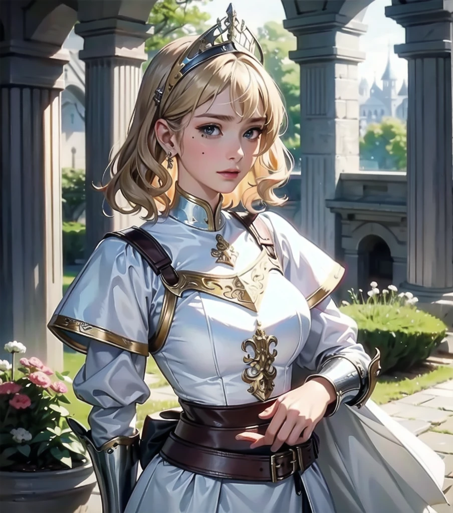 masterpiece, best quality, extremely delicate and beautiful, ultra-detailed, high-resolution, 20 years old, detailed beautiful face, tearful mole, earring, very huge round breasts, short medium hair, wavy hair, wet clothes, full body shot, alone, medieval, blonde hair, ornate armor, tabard, gauntlets, Joan of Arc, White surcoat and cross armor,