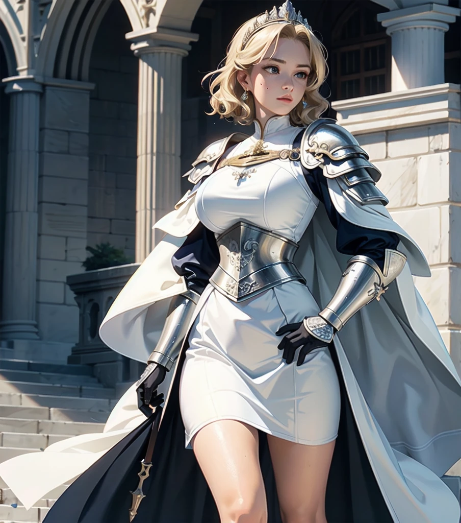 masterpiece, best quality, extremely delicate and beautiful, ultra-detailed, high-resolution, 20 years old, detailed beautiful face, tearful mole, earring, very huge round breasts, short medium hair, wavy hair, wet clothes, full body shot, alone, medieval, blonde hair, ornate armor, tabard, gauntlets, Joan of Arc, White surcoat and cross armor,