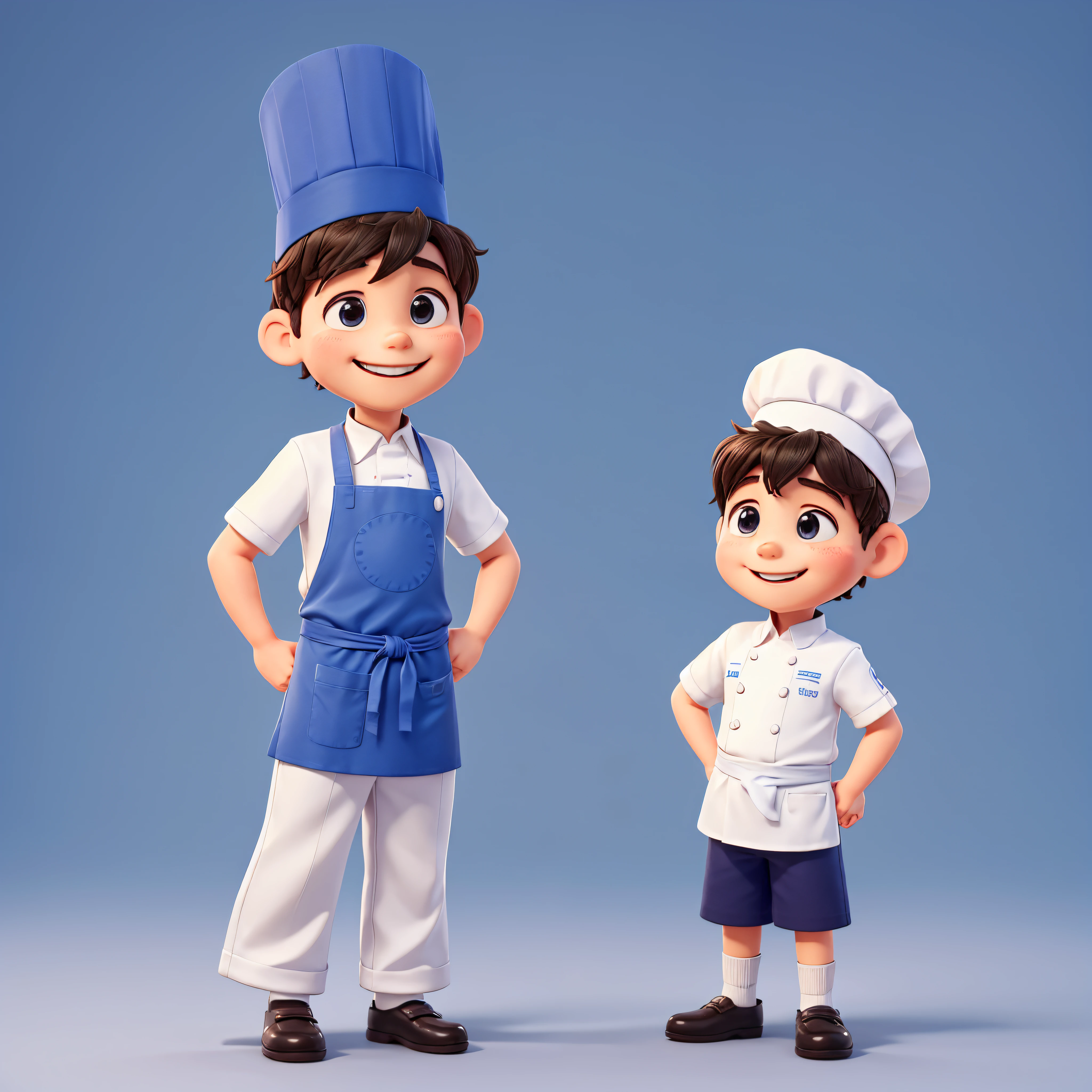 a happy boy。he is chef。Blue Apron。White chef's hat。Clean background。