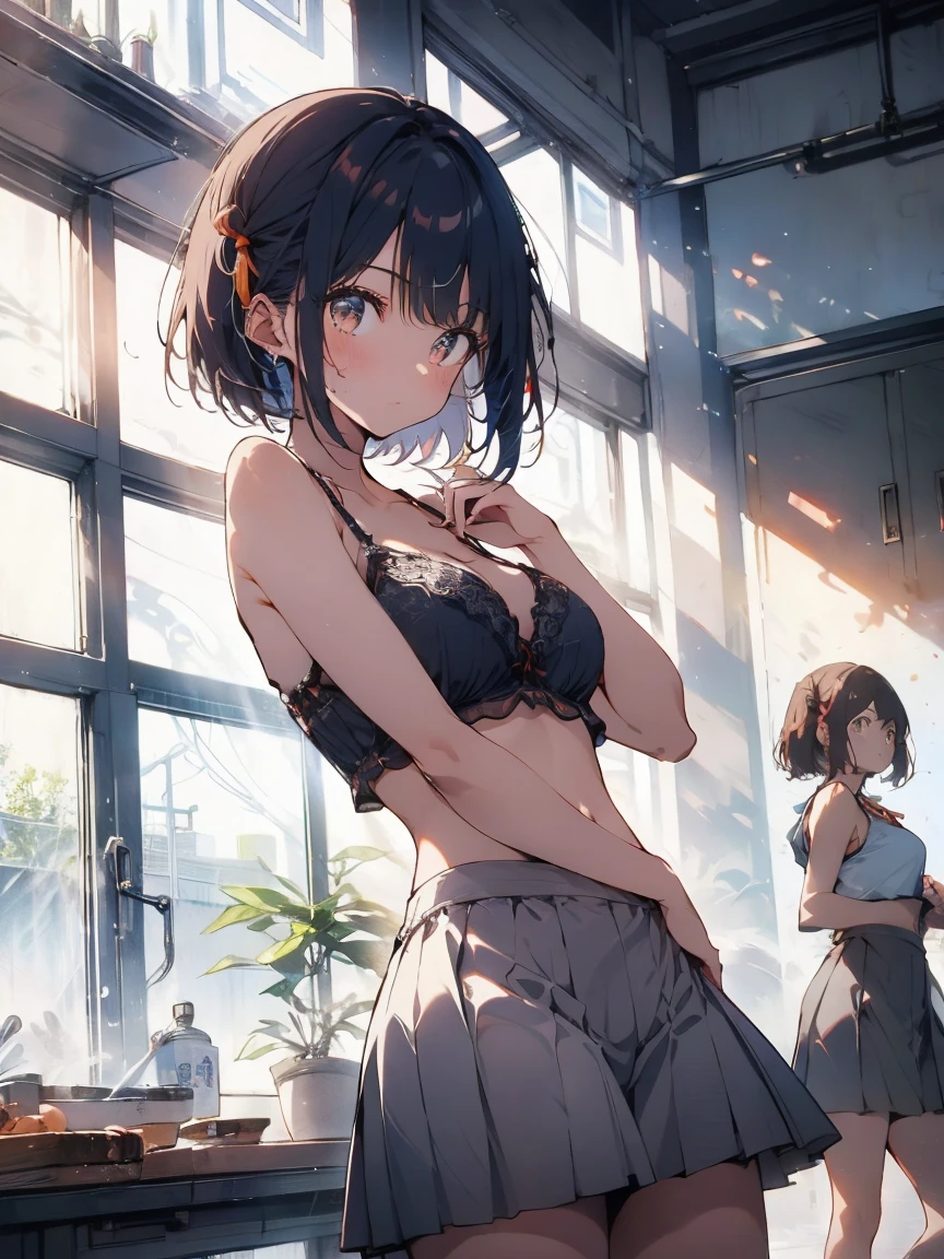 (highest qualityのイラスト:1.2), (cute girl:1.1), (1 girl, alone:1), (2 girls、8-year-old、、、small、cute、cute、small胸、Very detailedな目:1.2)、(lily、kiss、Hug from behind、grab、eyes half closed、eye contact:1.Sweat、I was embraced、blush:1.1)、 break White Bra、ピンクのgood、Blue Bra、Green bra、Grey Bra、light Grey Bra、 Striped bra、水玉模様がgood、goodチェック柄、cute、good、kids good、sporty、camisole、Cotton panties、School Skirt、Blake Black Hair、Blue Hair、Brown Hair、extra belly short hair、short hair、Middle Hair、Hair length、Wavy Hair、Curly Hair、Pale pink braids、Princess Cut、Bobcut、Twin tails、低いTwin tails、ponytail、ライトブルーのローponytail、break(locker room:1.2)、(evening、evening、Orange sunlight:1.2)、 break(highest quality、Very detailed、Very detailed and beautiful、超A high resolution、Arm details:1.2)、Browsing Caution Beautiful Pool