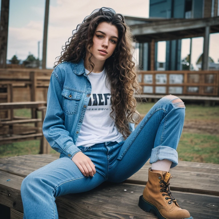 high quality, grunge style, 20 year old caucasian female, freckles, torn jeans, doc martens, flannel shirt over a tee, long very curly brown hair, photorealistic, professional photo