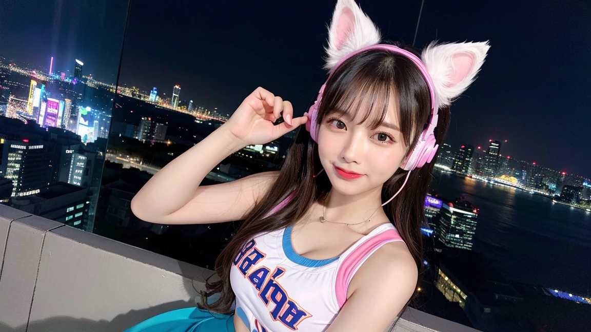 Full body photo、whole、最high quality, masterpiece, 32k、Very detailed、Realistic、1 girl, Japanese women、Cute face, (photo Actual:1.3), Edge lighting, (Skin with attention to detail:1.2), 8k超High resolution, Single-lens reflex camera, high quality, High resolution, 4K, 8k, Optimal ratio of four fingers to one thumb, (Actual:1.3), smile、自然なsmile、Baseball Cheerleader Costumes(Bright pink、Light blue line design、Japanese professional baseball cheerleaders)、Cat ear headphones(ピンク色のネオンCat ear headphones)、cute 1 girl, Realistic、Super Realistic、32k、Very detailed、masterpiece, 最high quality, beautiful girl, beauty、 Mecha, Beautiful lighting, Sitting,Cyber Neon、Future City、Skyscraper、City Night、Shanghai、Big cities、Night view、綺麗なNight view
