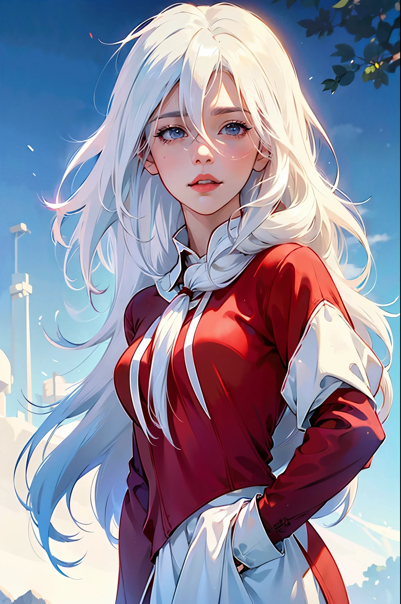 a woman with long white hair and a red shirt is posing, perfect white haired girl, seductive anime girl, white haired, white haired deity, white-haired, kantai collection style, female anime character, beautiful anime high school girl, anime girl with long hair, white haired lady, anime style like fate/stay night, a hyperrealistic