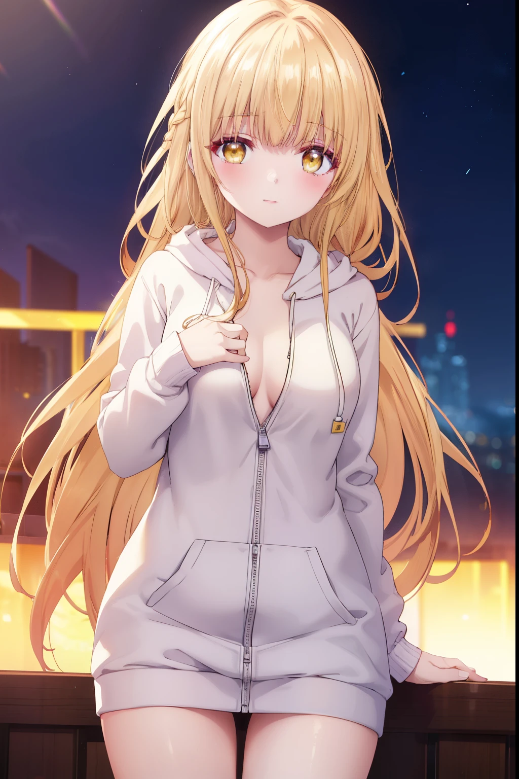 Mahiru shiina, , blonde, (Yellow Eyes:1.3)、Braided long hair,,blush,smile,night、Beautiful views, Attractive thighs、Beautiful bare legs, Naked with a sexy hoodie、Seduce by showing off your breasts、The chest is open、Full chest、I can see your chest、Her zipper is down and open, exposing her breasts、I can see your Pantastar piece.:1.2), highest quality, High resolution, unity 8k wallpaper, (shape:0.8), (Beautiful and beautiful eyes:1.6), Highly detailed face, Perfect lighting, Highly detailed CG, (Perfect hands, Perfect Anatomy),