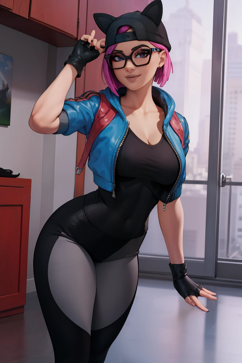(masterpiece), (best quality), standing, (solo), looking at viewer, high detailed,extremely detailed, fine eyes, smile,dynamic pose, short pink hair,cap,loose black v neck t shirt, jacket,fingerless glove,curvy,glasses,(gray leggings),(portrait:1.2),