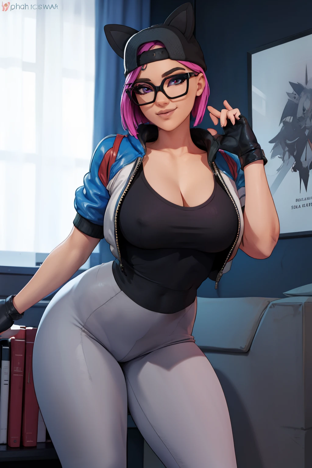 (masterpiece), (best quality), standing, (solo), looking at viewer, high detailed,extremely detailed, fine eyes, smile,dynamic pose, short pink hair,cap,loose black v neck t shirt, jacket,fingerless glove,curvy,glasses,(gray leggings),(portrait:1.2),