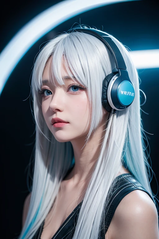 White Hair, Light blue hair, black eye, anime, front, headset, game, long hair