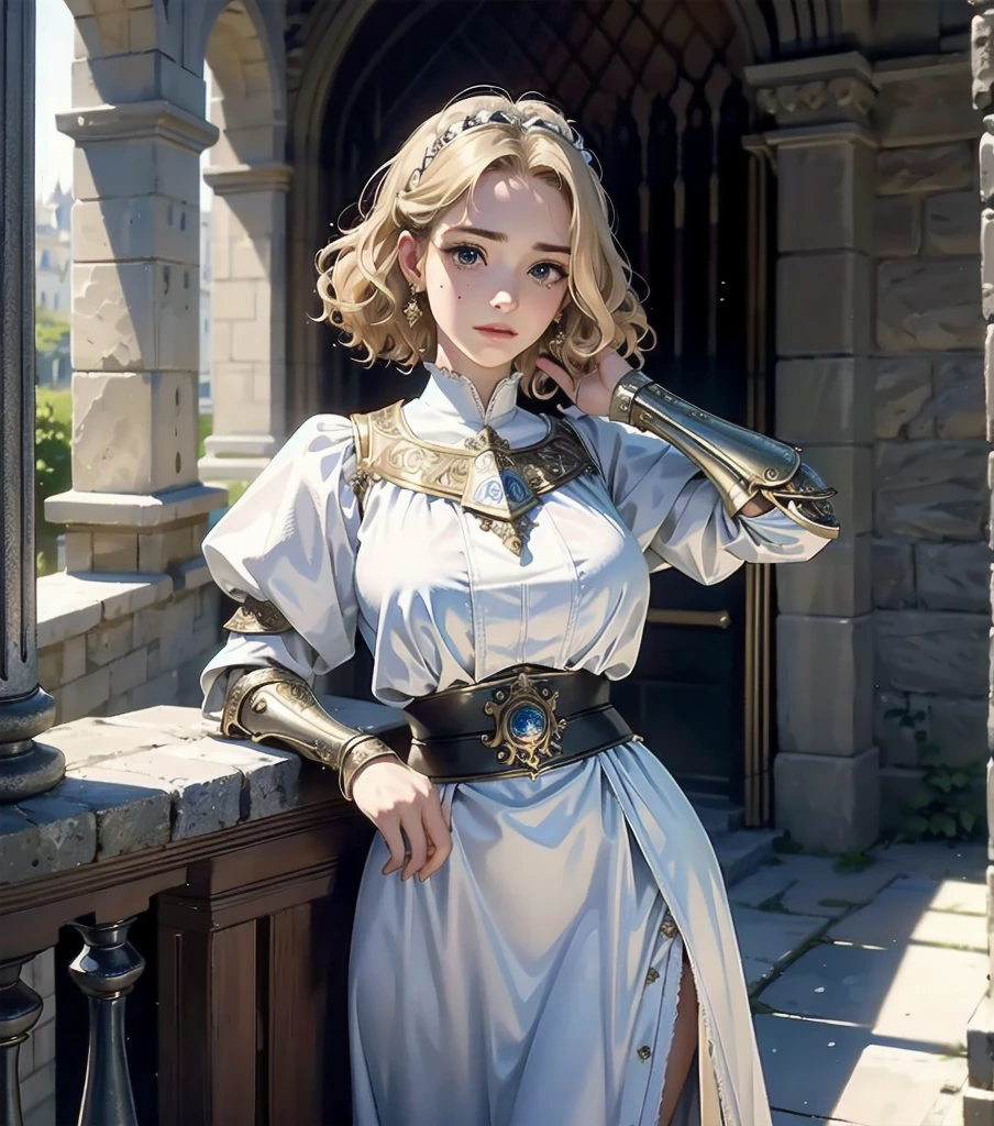 masterpiece, best quality, extremely delicate and beautiful, ultra-detailed, high-resolution, 20 years old, detailed beautiful face, tearful mole, earring, very huge round breasts, short medium hair, wavy hair, wet clothes, full body shot, alone, medieval, blonde hair, ornate armor, tabard, gauntlets, Joan of Arc,