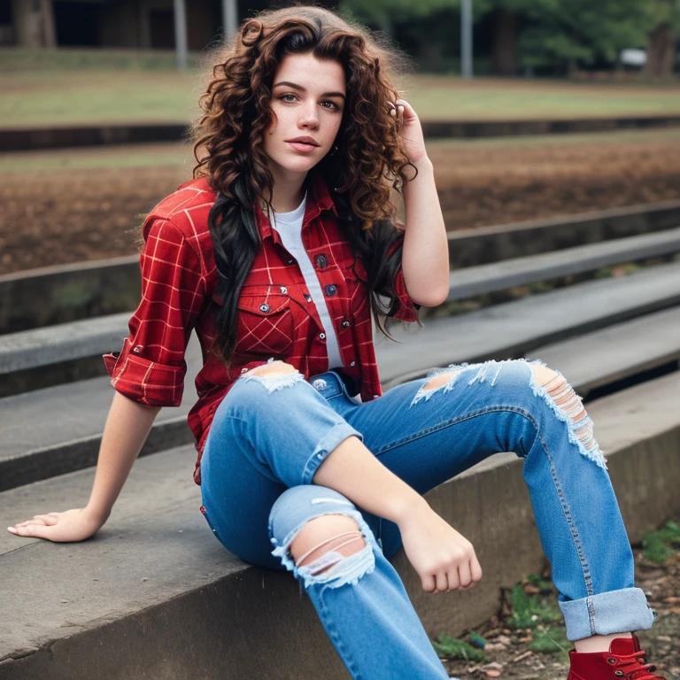 high quality, 1990s grunge style, 20 year old caucasian female, freckles, torn jeans, doc martens, red flannel shirt over a worn black tee, long very curly brown hair, photorealistic, professional photo, attitude