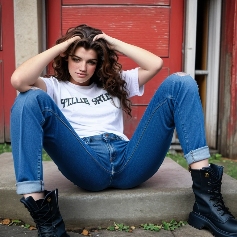 high quality, 1990s grunge style, 20 year old caucasian female, freckles, torn jeans, doc martens, red flannel shirt over a worn black tee, long very curly brown hair, photorealistic, professional photo, attitude