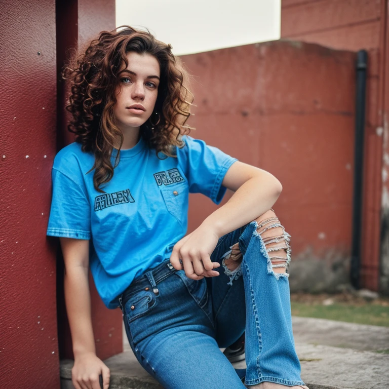 high quality, 1990s grunge style, 20 year old caucasian female, freckles, torn jeans, doc martens, red flannel shirt over a worn black tee, long very curly brown hair, photorealistic, professional photo, attitude