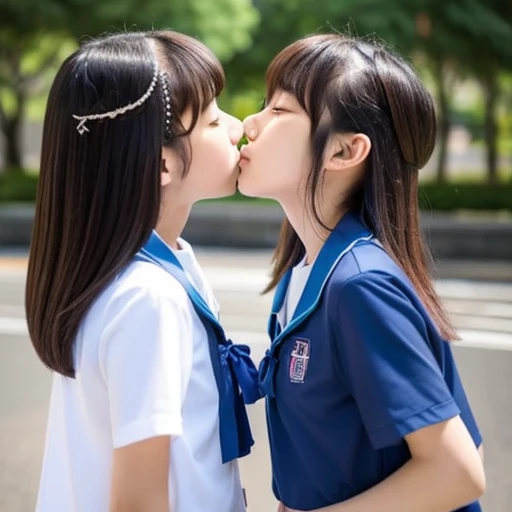 Two Japanese elementary school girls in short sleeves and shorts are kissing with their eyes closed