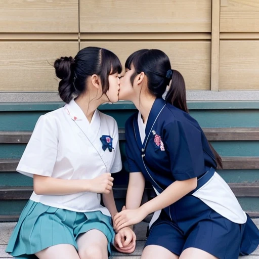 Two Japanese  girls in short sleeves and shorts are kissing