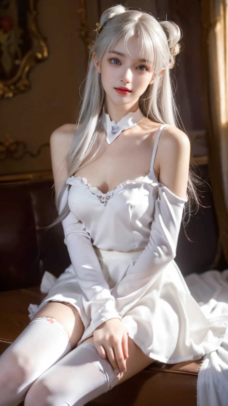 1gir,emilia,emiria,silver hair,dress,thighhighs, ((Bare shoulders)), ((The skirt is short, Showing off her sexy long legs)), ((whole body)), Practical, Fashion girl, Red lips, Mature women, Exquisite makeup, big eyes, beautiful, (best quality, masterpiece:1.2), Ultra Detailed, (Practical:1.37), ((Random scenes, Random shooting angles)), ((Sexy long legs)), Young and energetic, Charming model, (Delicateeyes, Delicate lips), Show a bright smile, Create stunning girl images, warm color, Very high color saturation, Official Art, Extremely detailed CG, Unity 8K Wallpaper, (High Dynamic Range :1.4), (Movie atmosphere),(Soft colors), (Natural skin texture, ultra-Practical, Soft Light, sharp),(Very detailed), night, moonlight