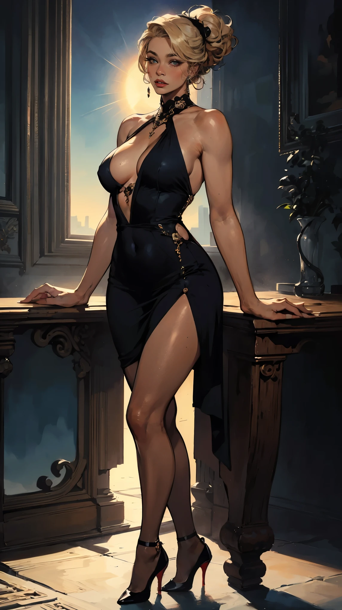 A beautiful woman, deeply sexy, stunning, provocative, large and round breasts, topless, thin waist, long legs, descends a luxurious staircase of a mansion. Lights and shadows, detailed, cinematic light.