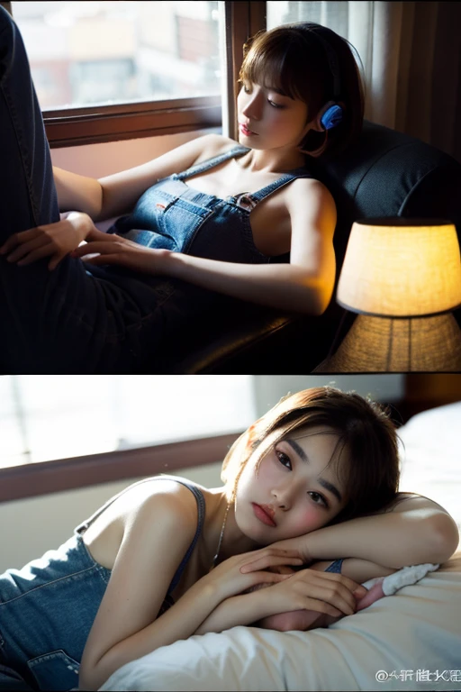 、
masterpiece, highest quality, Lie on the bed in the bedroom,Beautiful girl with a bob cut, Listening to music with headphones、Leaning on the bed、Wearing a over-alls、Bedroom Background、The night view can be seen from the window、 (The best light), (Red lips:0.8), Beautiful Face, colorful, Photorealistic night view from the window, High Contrast, Very detailed背景, Very detailed, Very detailed肌, Shine, Film Grain, According to II, Lens flare, sharp, Cinematic LightA beautiful model for realistic looking anime art
