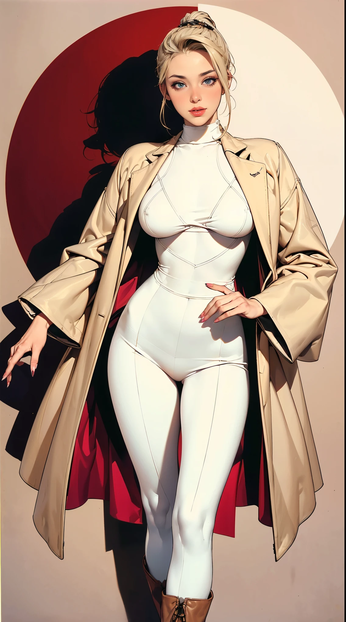 (Best quality, 4K, high resolution, masterpiece:1.2), ultra-detailed, realistic (photo-realistic:1.37), 40 years old, Russian woman, Matriarch of the Russian Mafia Gang, ambitious, elegance, calm, charming, intimidate, (blonde hair, power ponytail hairstyle), perfect lash, perfect makeup, sun-tan skin, expressive blue eyes, wine lips, mature woman charms, seductive allure, perfect hourglass body shape, long toned legs, flat abs, perfectly round E cup breasts, very Tall, slim, with peachy hips, ((Wearing elegance beige Vicuña coat over Long Sleeve Turtleneck sweater with matching white pants)), ((long lacquer high heel Boots)), Background featuring luxurious penthouse.