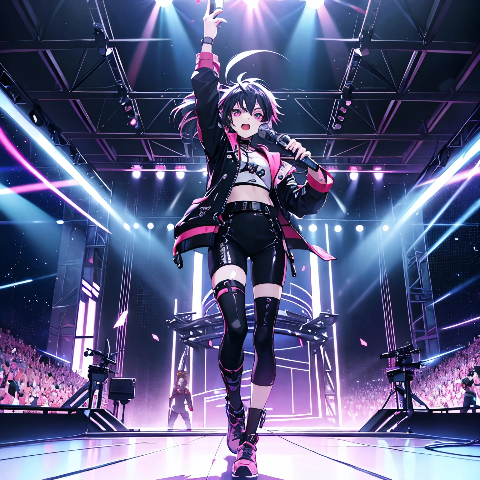 spectrum music scenery cloud and abstract texture, anime biker, rocker , screamo, holding stand mic, rock n roll, people, singing energic, stage