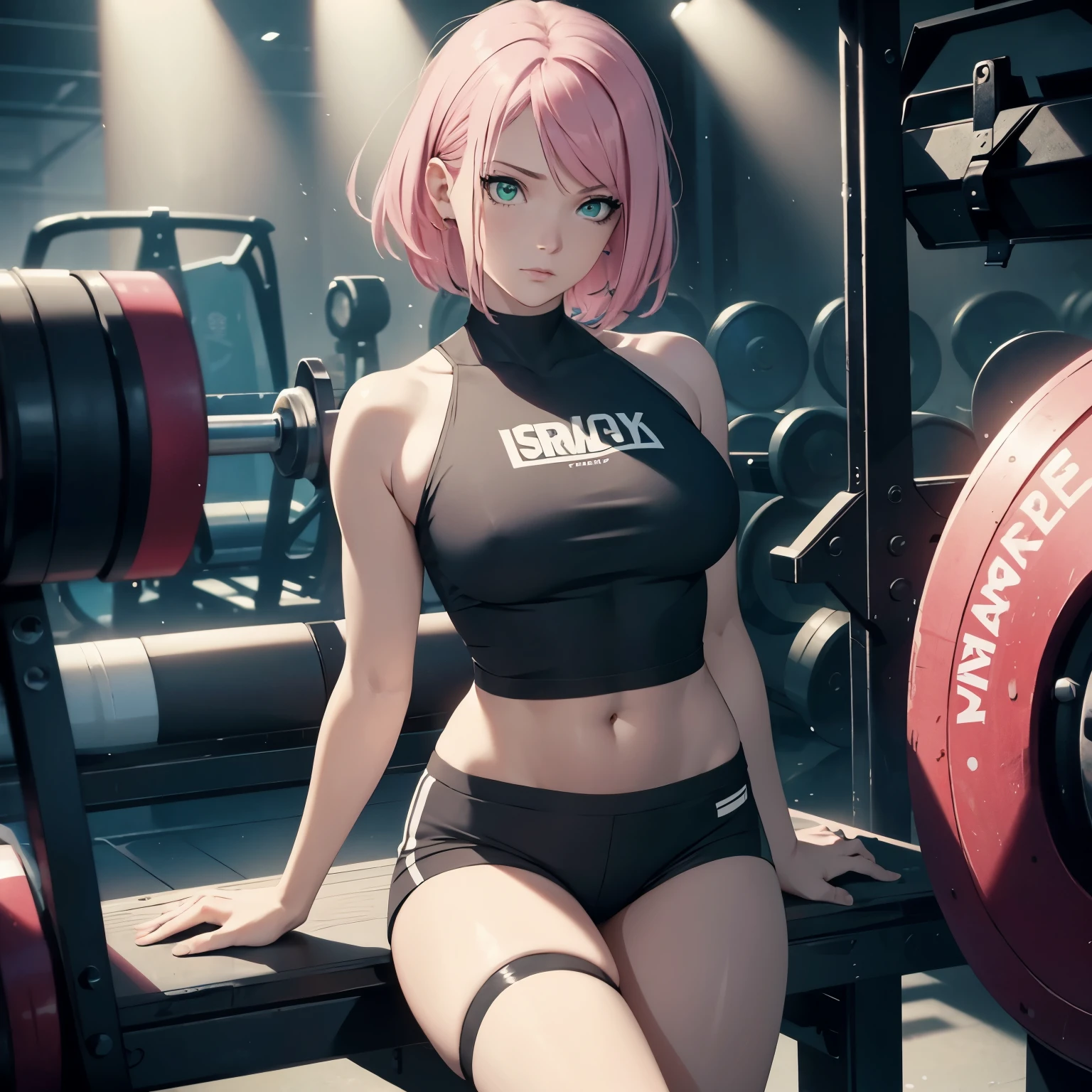 one girl, realistic face, detailed face, detailed eyes, realistic skin, gym, pink hair, short hair, realistic eyes, green eyes, gloomy face, gym, back, buttocks emphasis, tight black top, black shorts, real photo, Reflectors, sits, 8K masterpiece, super detail, film movie, best quality, best ditails, detailed face, from back