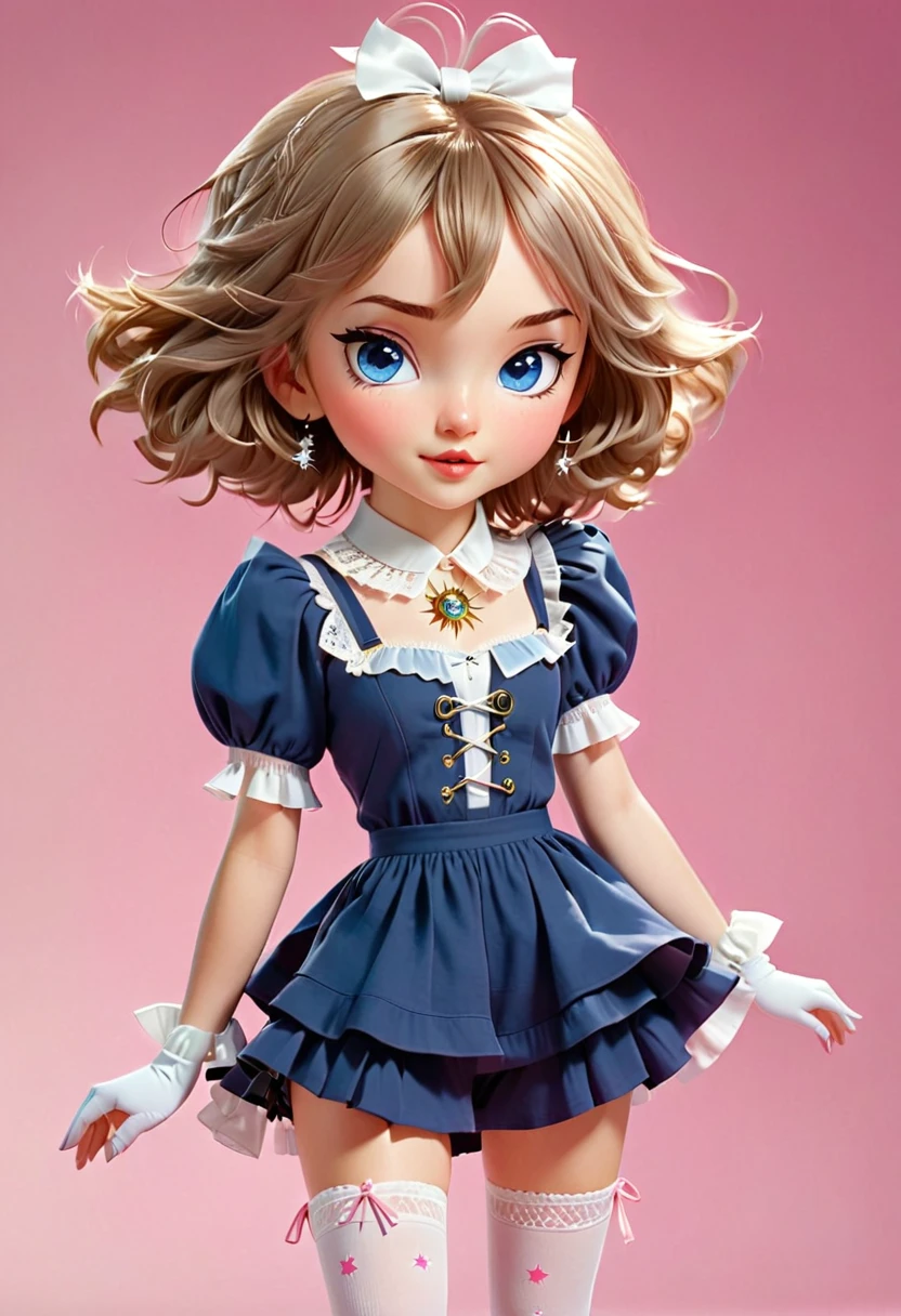 ((Holding on to a flip open compass with a silver covering)) and ((surrounded my a pink background pink and white tiny comic stars))and Is a girl with blue eyes. Wispy gold-brown bob with side cut-styled bangs. Slim body. Cute face. Rosey cheeks.Pale Skin.Pink lips. Wearing a blue blouse with puffy sleeves.Attached to the hem of the Skeeves is blue frilly cotton trimmings.Over the blouse a navy blue romper with straps. Attached to the bottom of the romper is a matching skirt. A white lacy gardier is on her left leg. Also wearing white socks inside, Knee High blue boots