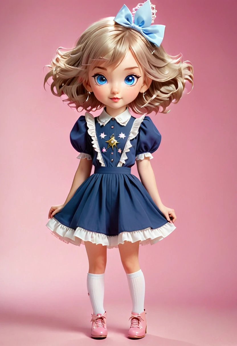 ((Holding on to a flip open compass with a silver covering)) and ((surrounded my a pink background pink and white tiny comic stars))and Is a girl with blue eyes. Wispy gold-brown bob with side cut-styled bangs. Slim body. Cute face. Rosey cheeks.Pale Skin.Pink lips. Wearing a blue blouse with puffy sleeves.Attached to the hem of the Skeeves is blue frilly cotton trimmings.Over the blouse a navy blue romper with straps. Attached to the bottom of the romper is a matching skirt. A white lacy gardier is on her left leg. Also wearing white socks inside, Knee High blue boots