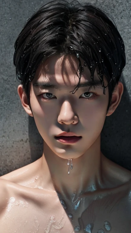Chang-Suk Oh, portrait, wet body and face, advertise concept, confident, vogue magazine cover concept, shirtless, studio nature photo, grey wall, Wounded face due to a cut