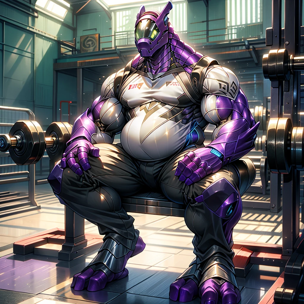 (synth \(vader-san\):1.1), synthbob, full-length portrait, (male:1.1), front view, standing, heavily musclegut body, one hand lifting dumbbells up, (glistening body:1.1), purple body, (purple body:1.1), green eyes, green patterns tatto, metallic body, reflective body, 4 fingers, sitting on weightlifting chair in gym, best quality, good quality