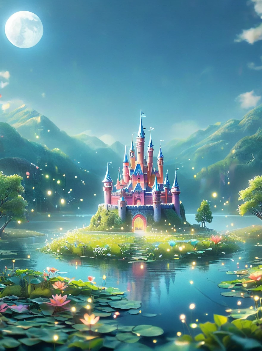 (A mysterious dream castle:1.5), night，(moon:1.5)，(Bubbles)，(fireworks:1.5)，Dreams，(Psychedelic)，(Neon light)，In dreams，A hidden lake，Bright colors，A Glowing Feast，Add a unique character emitting the ethereal aura of a fantasy creature by the water。Wide angle lens，Make it panoramic，Showcasing stunning castle woodland scenery，This magical scene is full of the essence of the fantasy world。