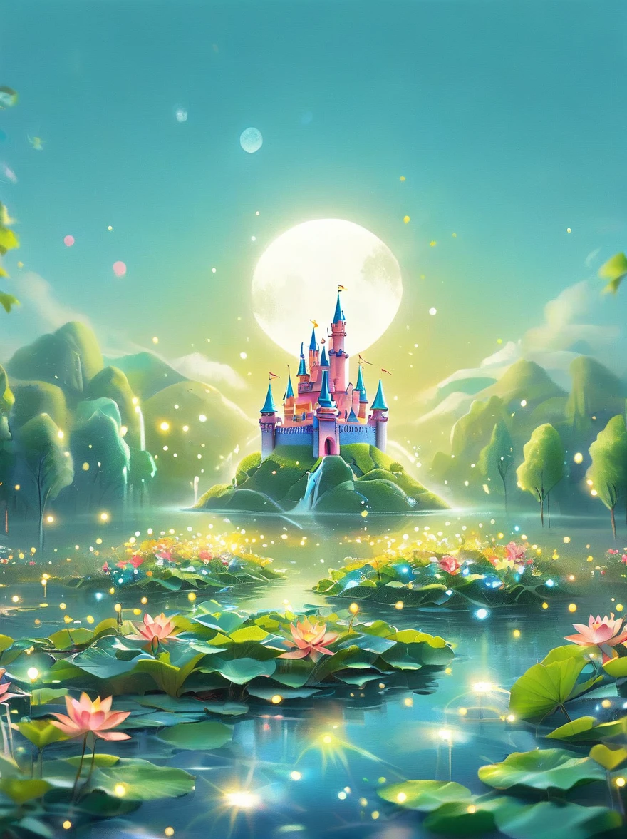 (A mysterious dream castle:1.5), night，(moon:1.5)，(Bubbles)，(fireworks:1.5)，Dreams，(Psychedelic)，(Neon light)，In dreams，A hidden lake，Bright colors，A Glowing Feast，Add a unique character emitting the ethereal aura of a fantasy creature by the water。Wide angle lens，Make it panoramic，Showcasing stunning castle woodland scenery，This magical scene is full of the essence of the fantasy world。