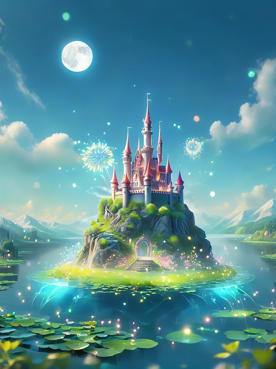 (A mysterious dream castle:1.5), night，(moon:1.5)，(Bubbles)，(fireworks:1.5)，Dreams，(Psychedelic)，(Neon light)，In dreams，A hidden lake，Bright colors，A Glowing Feast，Add a unique character emitting the ethereal aura of a fantasy creature by the water。Wide angle lens，Make it panoramic，Showcasing stunning castle woodland scenery，This magical scene is full of the essence of the fantasy world。