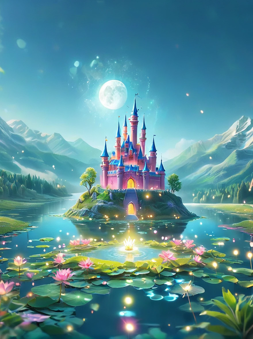 (A mysterious dream castle:1.5), night，(moon:1.5)，(Bubbles)，(fireworks:1.5)，Dreams，(Psychedelic)，(Neon light)，In dreams，A hidden lake，Bright colors，A Glowing Feast，Add a unique character emitting the ethereal aura of a fantasy creature by the water。Wide angle lens，Make it panoramic，Showcasing stunning castle woodland scenery，This magical scene is full of the essence of the fantasy world。