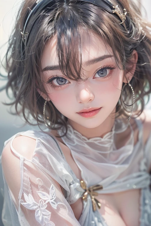 (masterpiece:1.3), (8k, Photorealistic, Raw photo, Best image quality: 1.4), Fair-skinned fairy woman、short Haircut、hair blowing , 17 years old, Cleavage:2.0、Super detailed face、Attention to detail、double eyelid、Put your chest together、Sharp focus:1.2、Beautiful woman:1.4、Silvery white hair、highest quality、masterpiece、超A high resolution、(Photorealistic:1.4)、Highly detailed and professionally lit smile、Loose, light, futuristic clothing、Shoulder out、thin、Serious expression、Short-haired、Deadly position, gorgeous earrings, one person