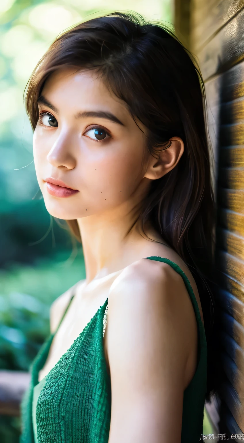 (Masterpiece, High Definition, High Quality, 8k), (Perfect Anatomy, Beautiful Limbs, Beautiful Skin),(Super model),(art model:1.3),whole body,plump body,gleaming skin,cute face,double eyelid,medium hair,darkred hair,black eyes,mountain,daytime,forest,mysterious,high quality,photorealistic,japanese,beautiful woman,gravure,fashionable