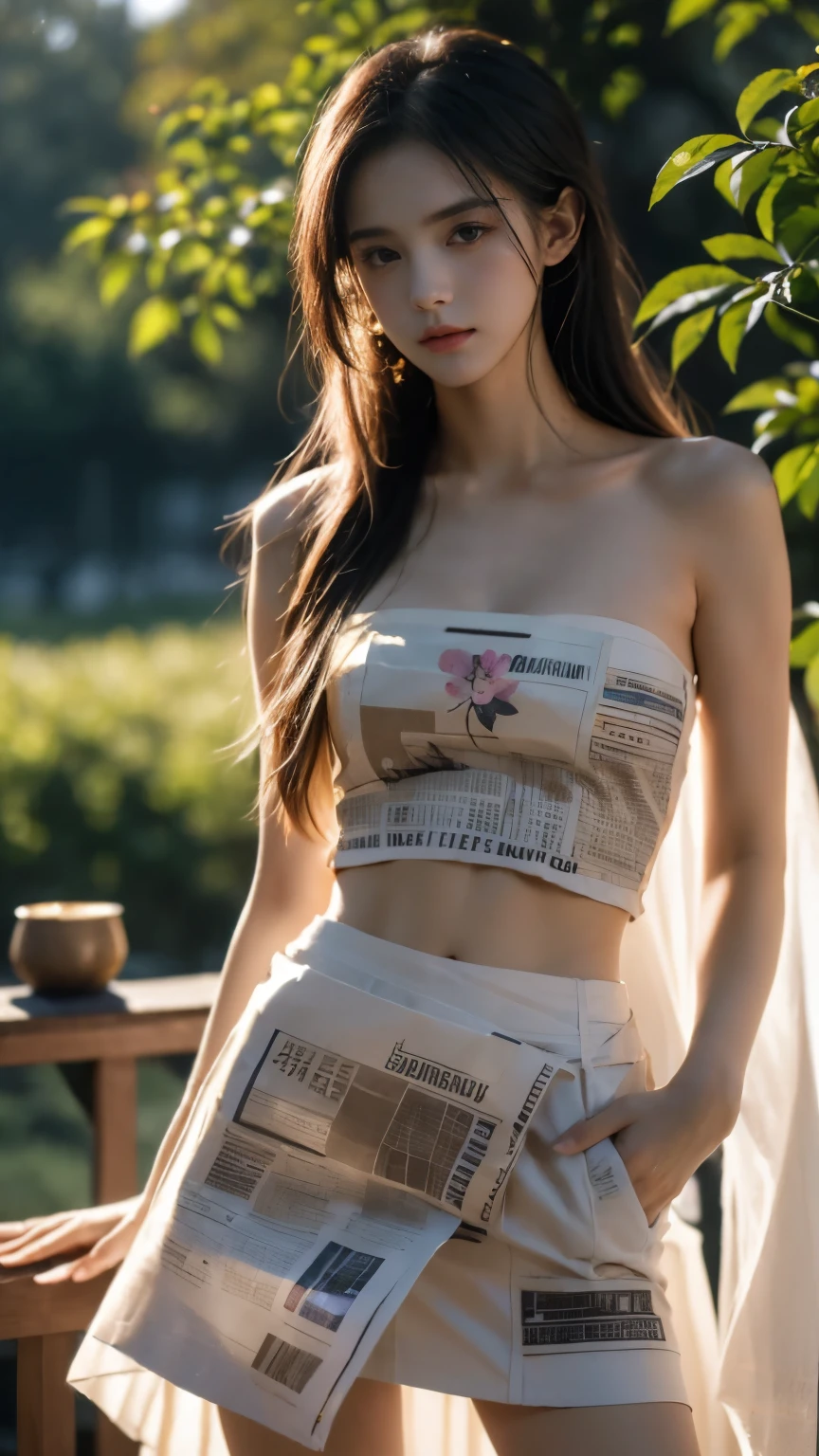 Newspaper dress, masterpiece，best quality， high质量，high清晰度，high质量的纹理，high质量的阴影，high细节，Beautiful details，Fine details，Extremely detailed CG，Detailed Texture，lifelike的面部表现，lifelike的，rich and colorful，Exquisite，Sharp focus，(Intricate detailake up，PureErosFace_V1:0.5)，(细节美Exquisite脸，(细节美Exquisite眼睛)，Perfect比例的脸，highDetails of the skin，Details of the skin，Four fingers and one thumb in optimal proportions，emaciated:1.3)，1 girl，************，high，(Smooth abs:1.55)，pretty，Perfect，high，((Bare shoulders)), ((The skirt is short)), (Long legs)，(Straight Legs)，(Thin waist)，((White skin))，White skin，((White skin))，(Emma Watson)，Big breasts，((Caucasian))，Light Blonde Hair，Stand with your legs apart，Looking at the audience，whole body，Portrait of cute blonde girl，((Cherry tree)), ((站在Cherry tree下,Look into the distance))，Bloom，Orange Mist，sports，Wisps of hair，lifelike，high品质渲染，Amazing Art，high品质，Film Grain，Fujifilm XT3，dream