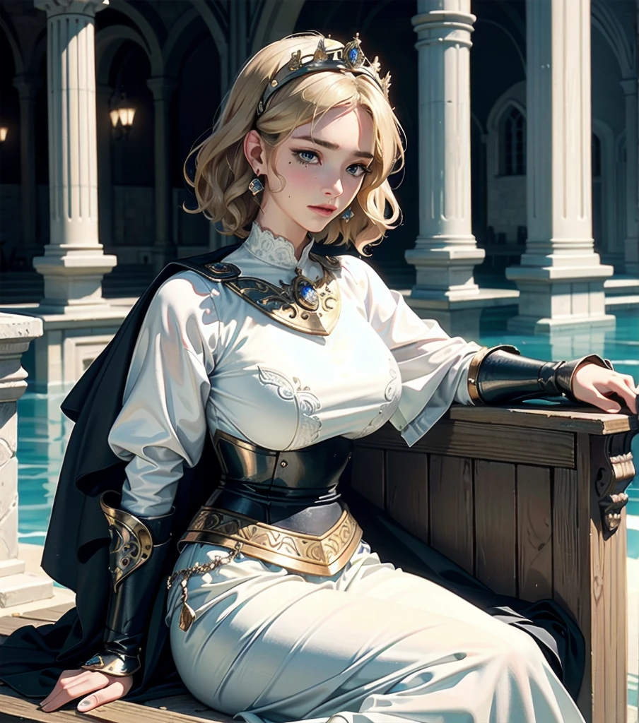 masterpiece, best quality, extremely delicate and beautiful, ultra-detailed, high-resolution, 20 years old, detailed beautiful face, tearful mole, earring, very huge round breasts, short medium hair, wavy hair, wet clothes, full body shot, alone, medieval, blonde hair, ornate armor, gauntlets, Joan of Arc,
