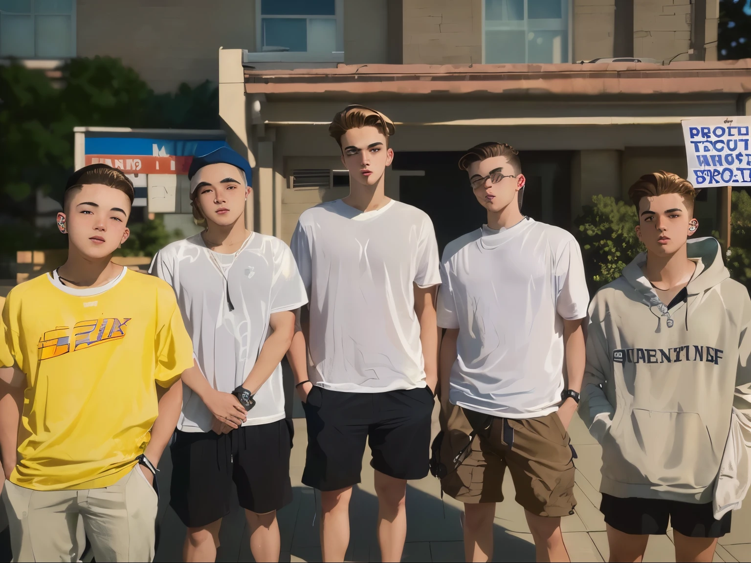 several young men standing in front of a building with a sign, album photo, taken at golden hour, post, by Jack C. Mancino, nostalgic 8k, shot at golden hour, during dawn, cute boys, boys, group photo, a picture, shaded, basic photo, the scooter ( edm band, discovered photo, nostalgic vibes
