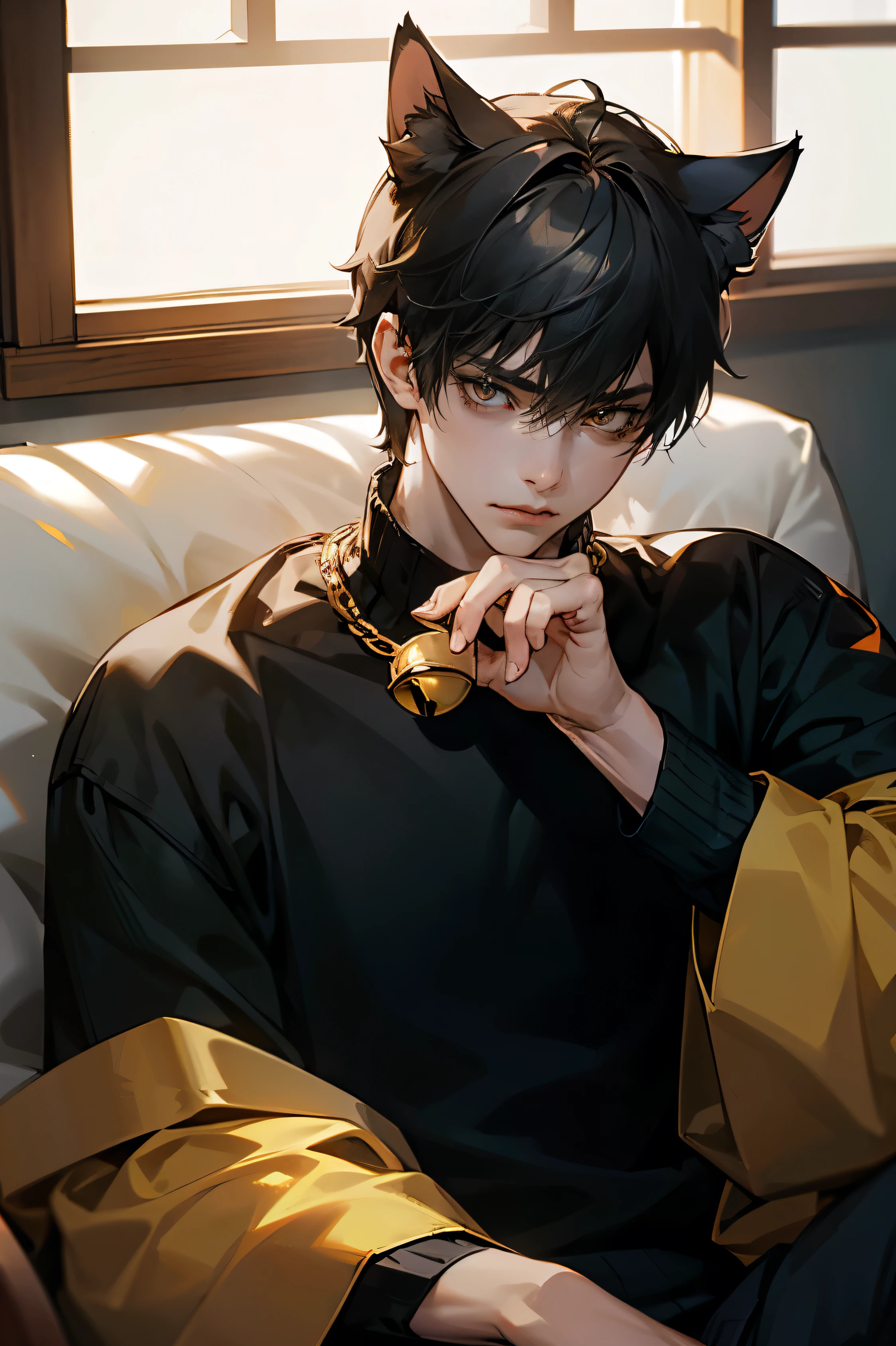 1boy, upper body,  black short hair, cat boy, personification, cat ears, golden eyes, cat tail, black sweater, cold face, cat bell around neck, sitting on sofa, looking at camera, Ray tracing, Best Quality, dramatic shadows, 8K, masterpiece,